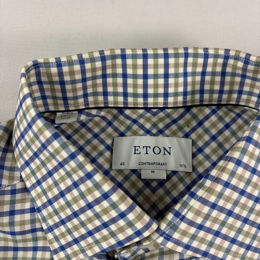 Eton Shirt Mens Medium Plaid Contemporary Button Up Cotton Linen Blend - Picture 3 of 9